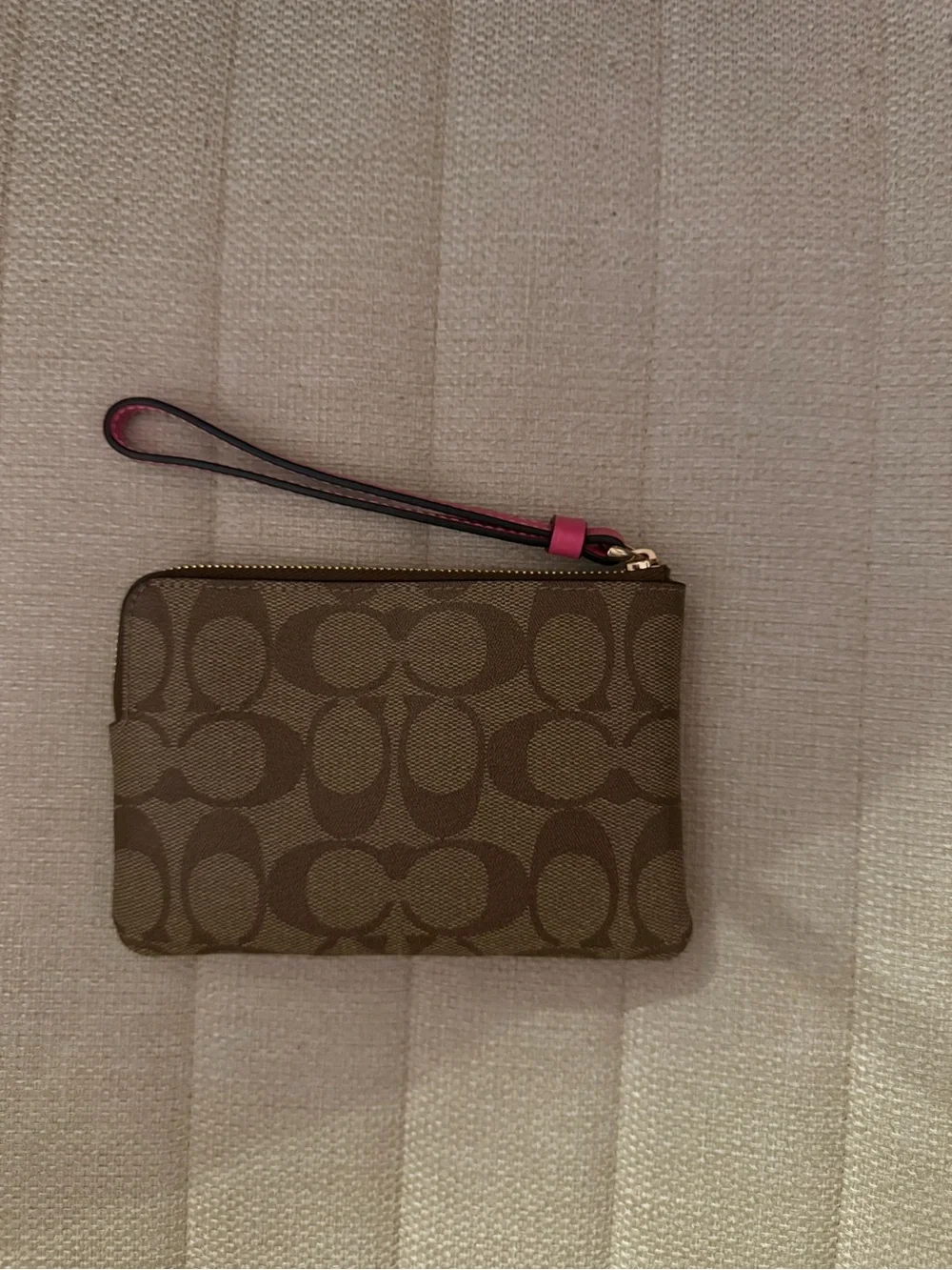 Coach Brown Signature Canvas Wristlet with Pink Center Stripe